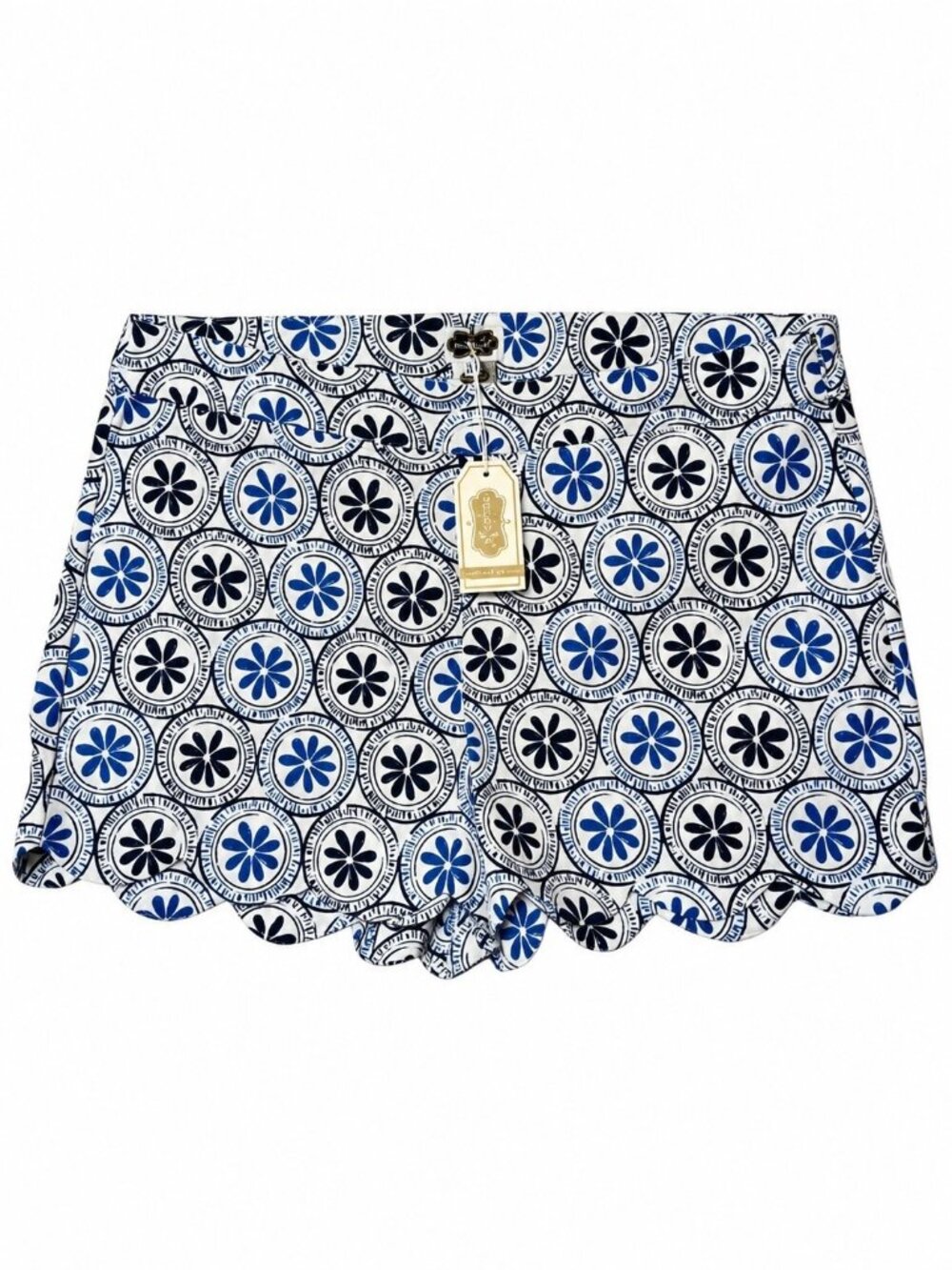 Mud Pie Serena Scallop Shorts Womens Large 12-14 Blue White Floral Print NWT